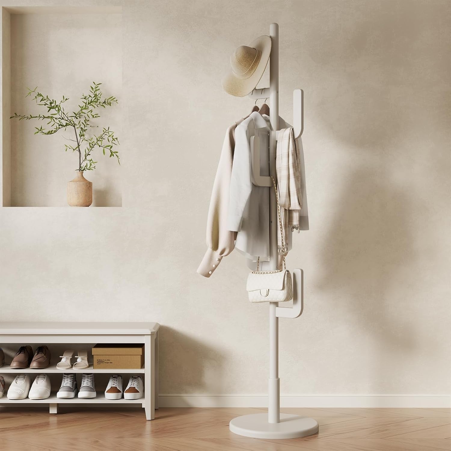 White Wooden Coat Rack 6 Hooks Cactus Design Freestanding Hall Tree Stand