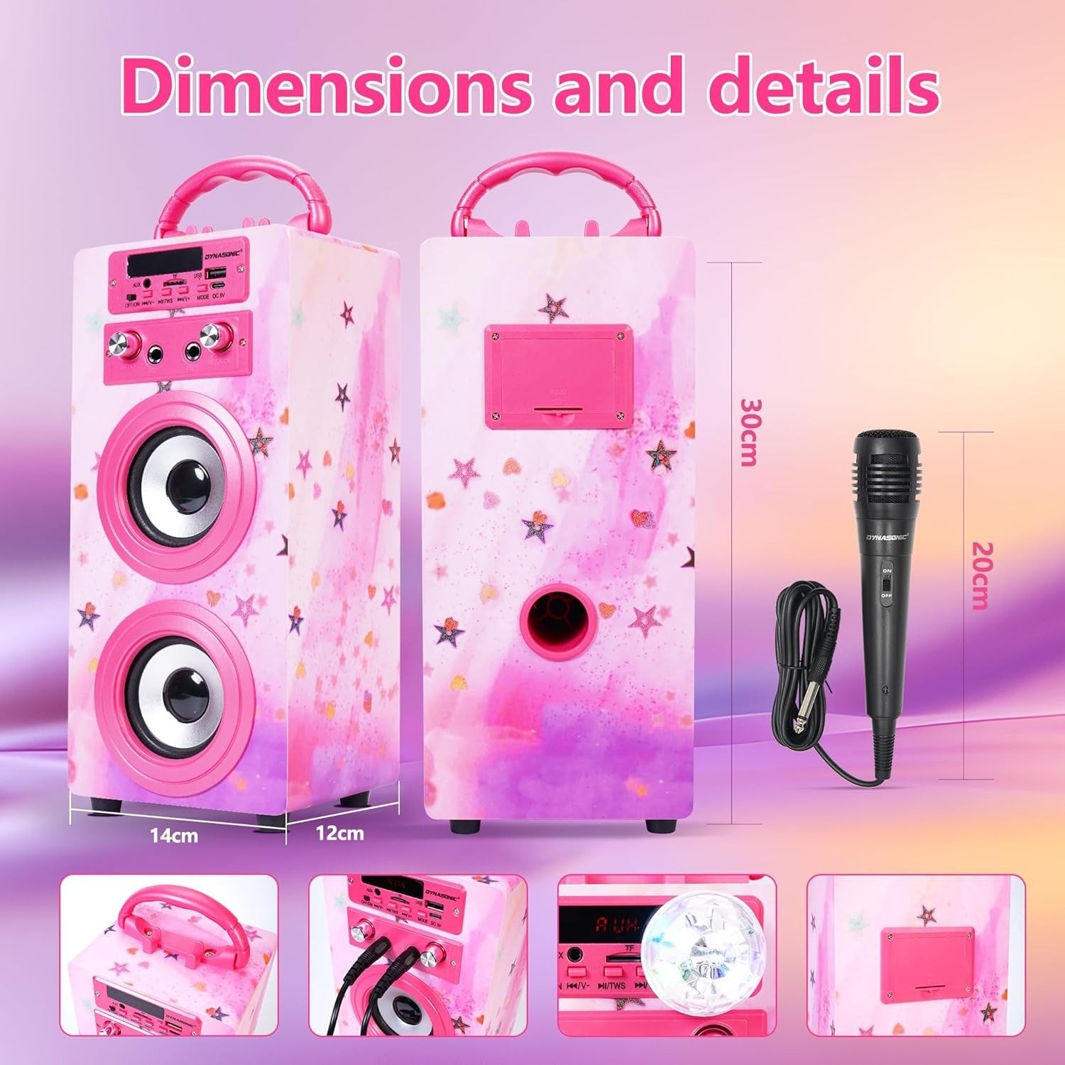 DYNASONIC Karaoke Machine Bluetooth 2 Mics LED Lights Kids Teens