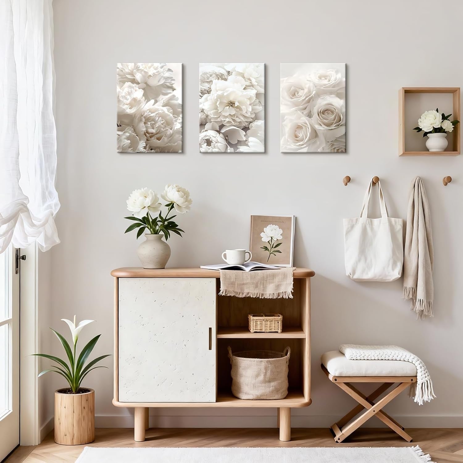 White Floral Canvas Wall Art Set 3 Rose Peony 30x40cmx3