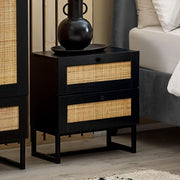 Modern Black 2 Drawer Bedside Table with Rattan Front 50x30x55cm