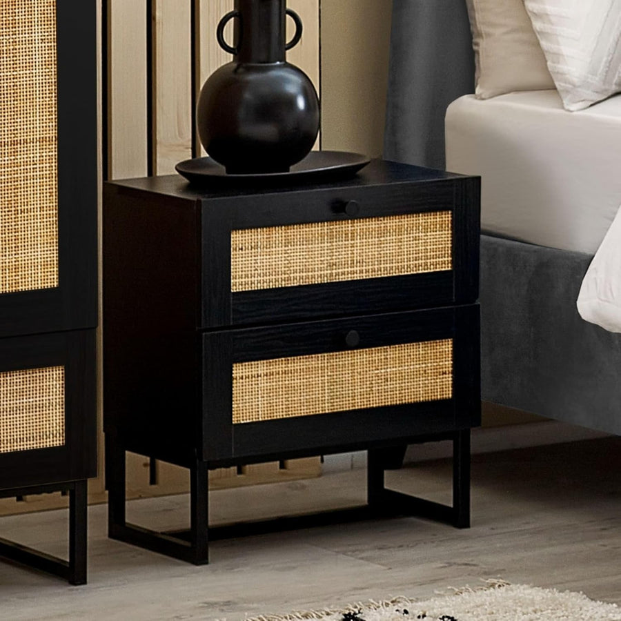 Modern Black 2 Drawer Bedside Table with Rattan Front 50x30x55cm
