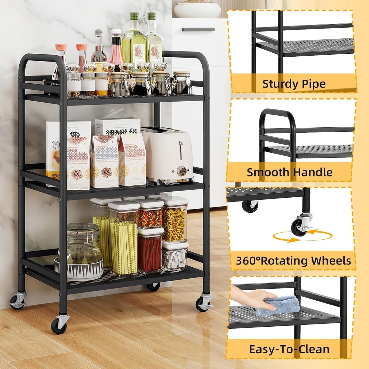 3 Tier Rolling Utility Cart Heavy Duty Metal Storage Trolley Black