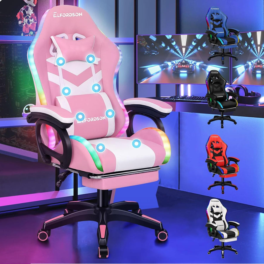 RGB LED Massage Gaming Chair Recliner w Footrest 150° Pink