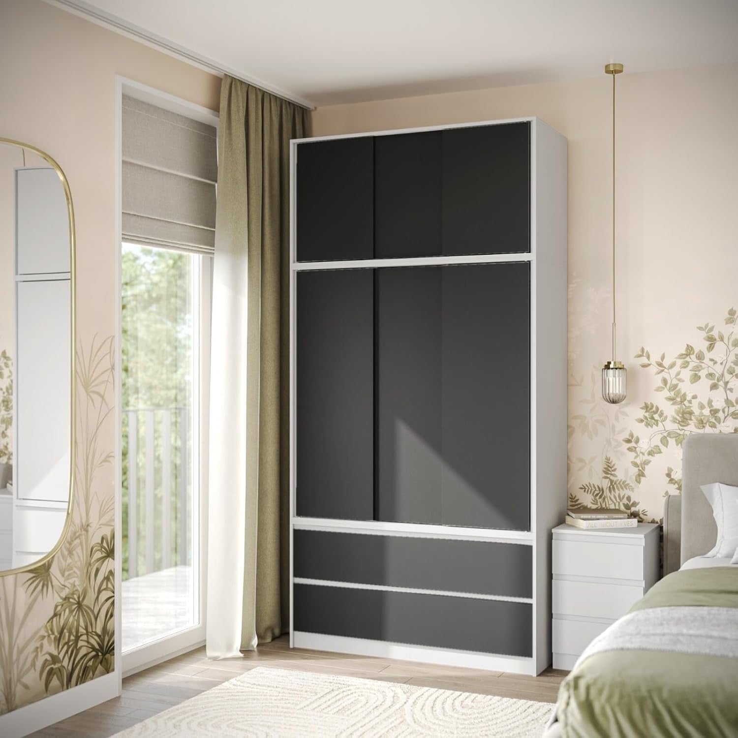 Black Door Sliding Wardrobe 240cm 6 Doors 4 Drawers Spacious Bedroom Closet
