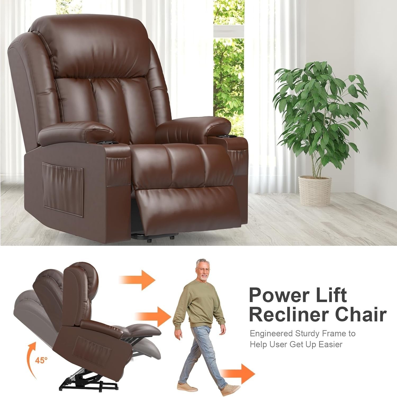 Power Lift Recliner Chair Massage Heat USB Ports Cup Holders Extended Footrest