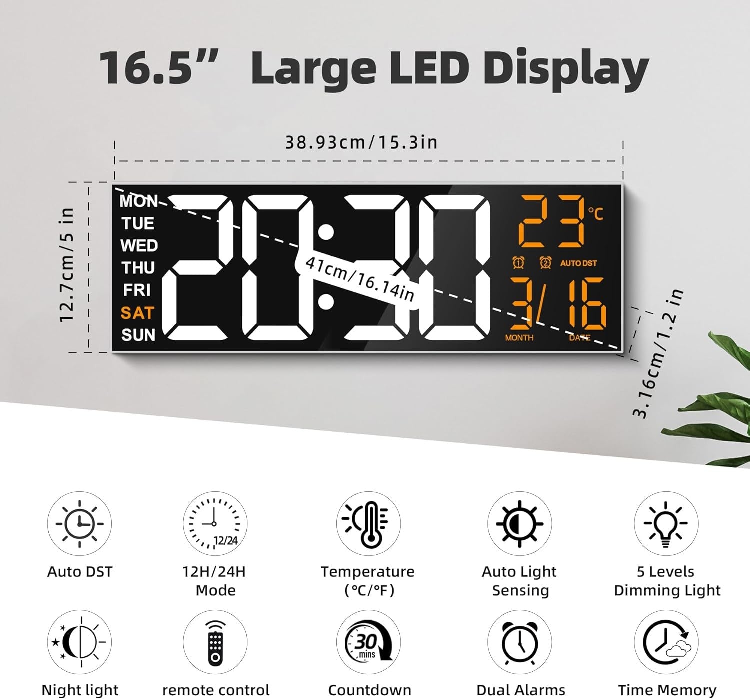 16 Inch Large Digital Wall Clock RGB LED Remote Alarm Temp Date