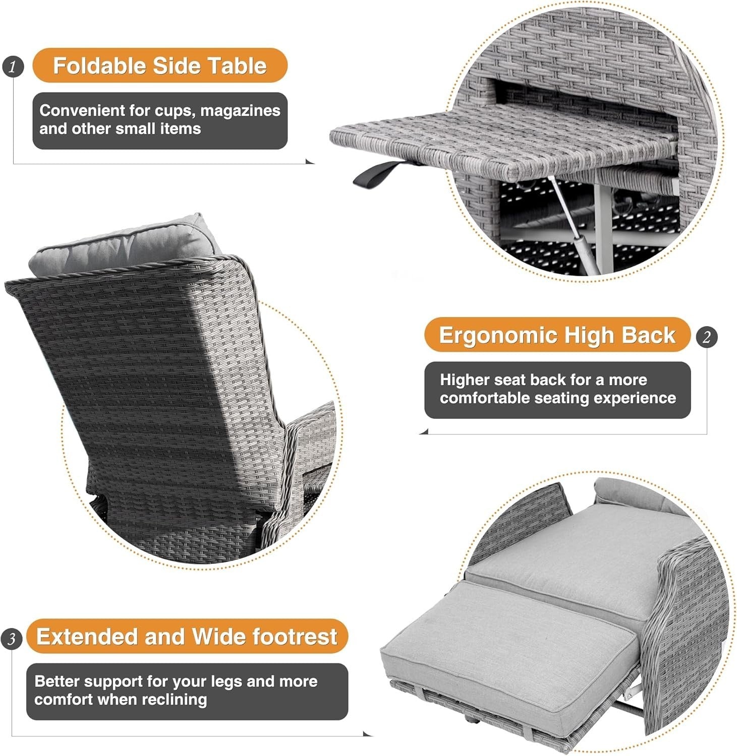 Rattan Recliner Sun Lounger Chair w/ Cushions & Flip Table – Light Grey