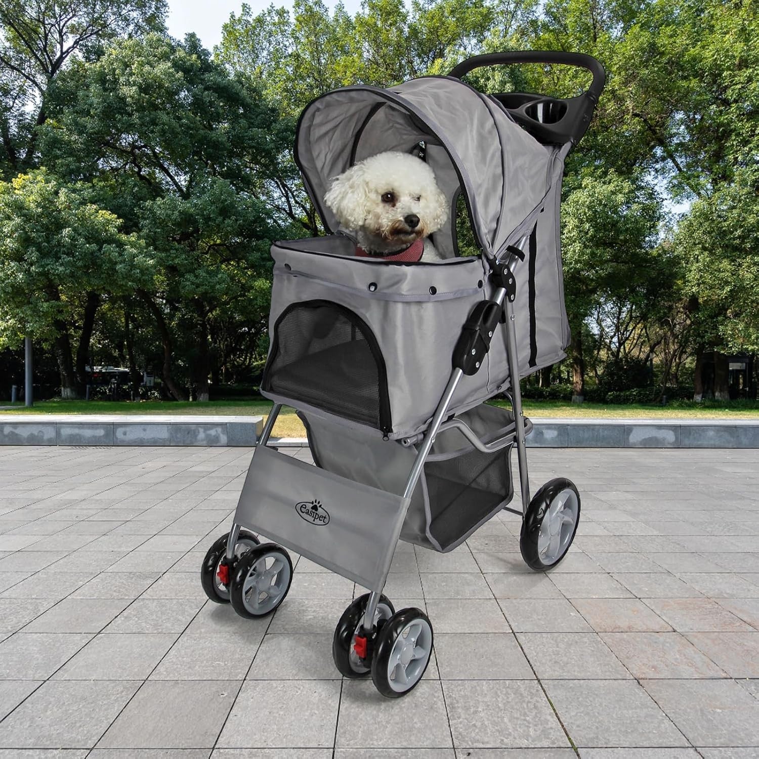 Pet Travel Stroller Dog Cat Pushchair Foldable Swivel Wheels 15kg Grey