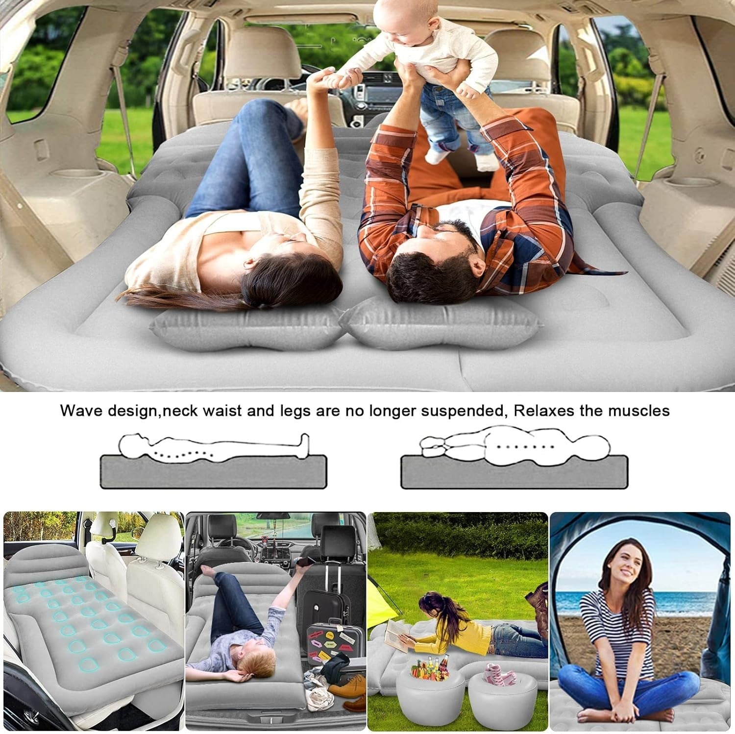 SUV Air Mattress Inflatable Car Bed w/ Pillows & Pump, Grey 175x125x12cm