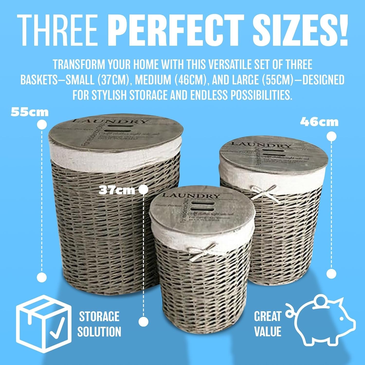Set of 3 Wicker Laundry Baskets with Lids | Vintage Grey Storage Hampers | Small