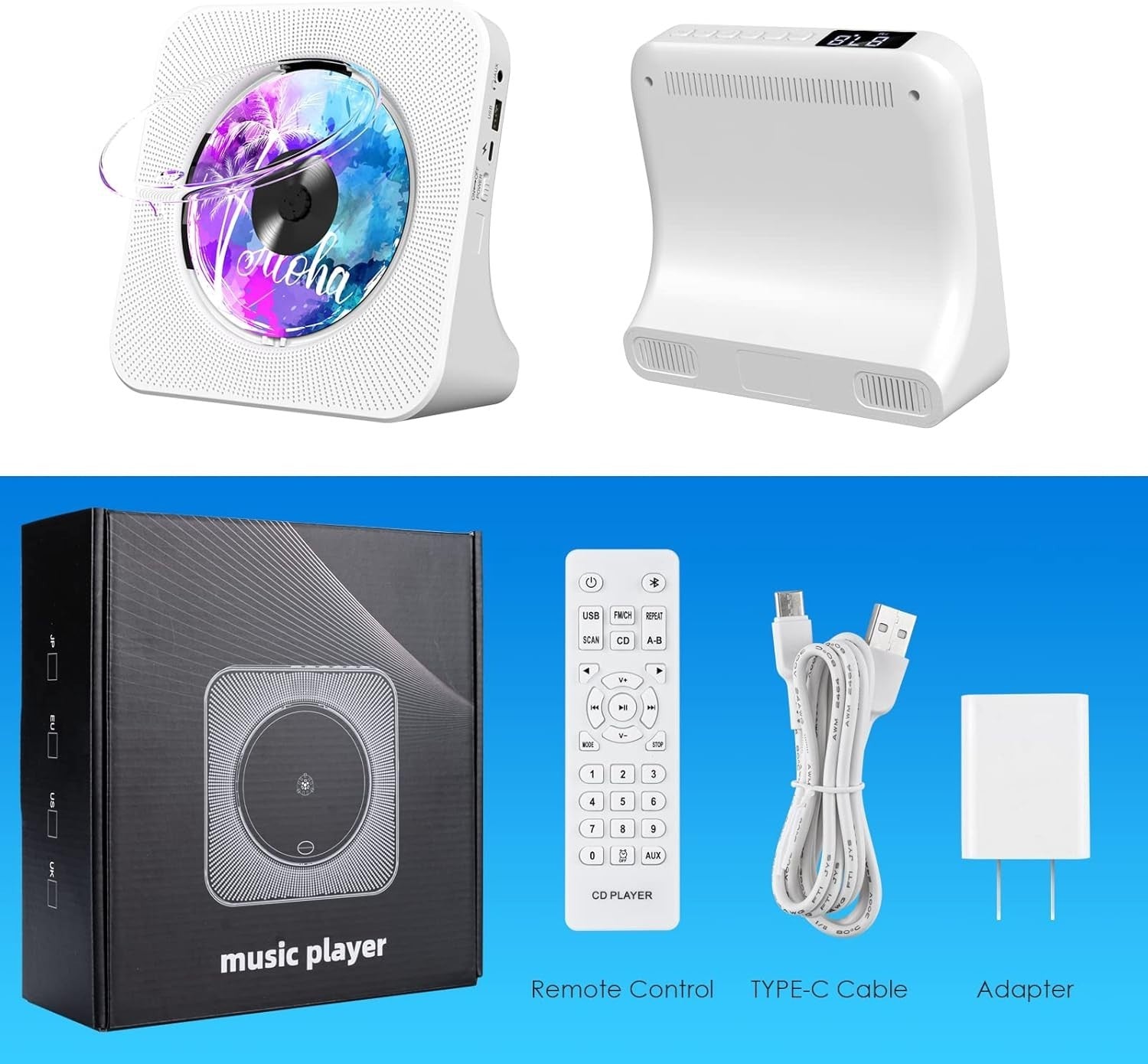 Desktop CD Player Bluetooth Speakers FM Radio USB AUX Remote LCD White