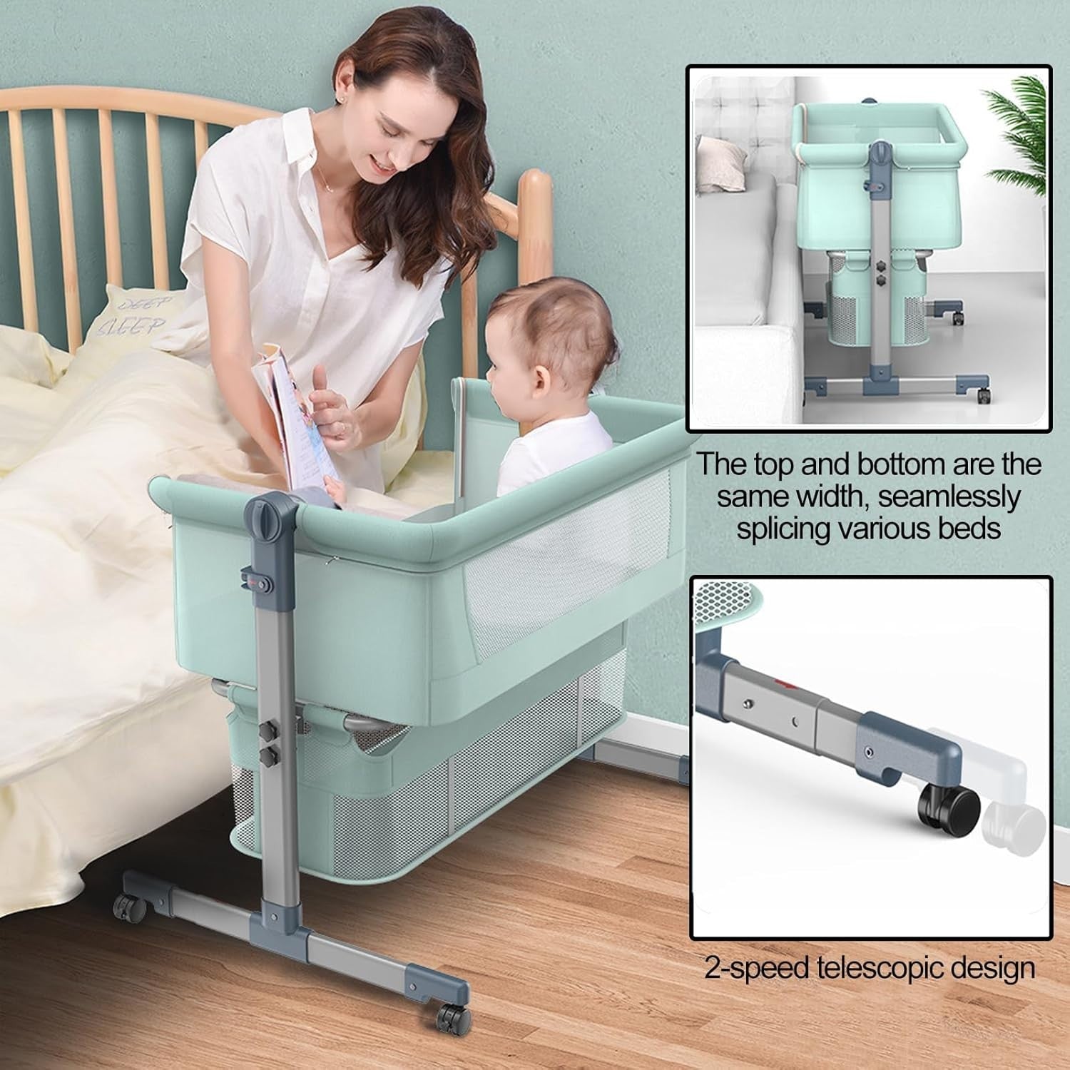 3in1 Baby Bedside Crib Foldable Travel Bassinet with Mattress & Storage Brown