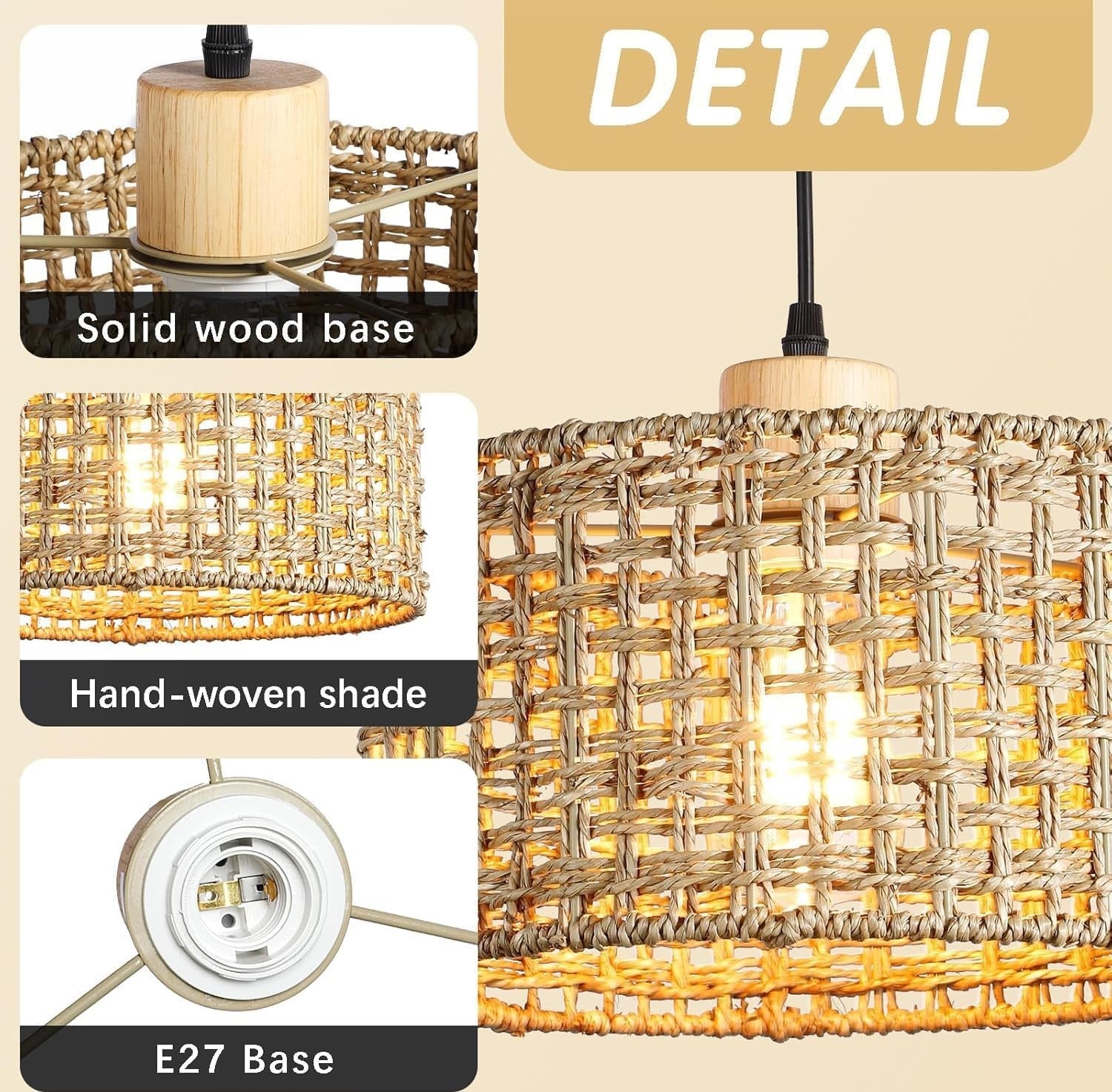 Rattan Pendant Lamp Shade 30cm Boho Woven Ceiling Light E27