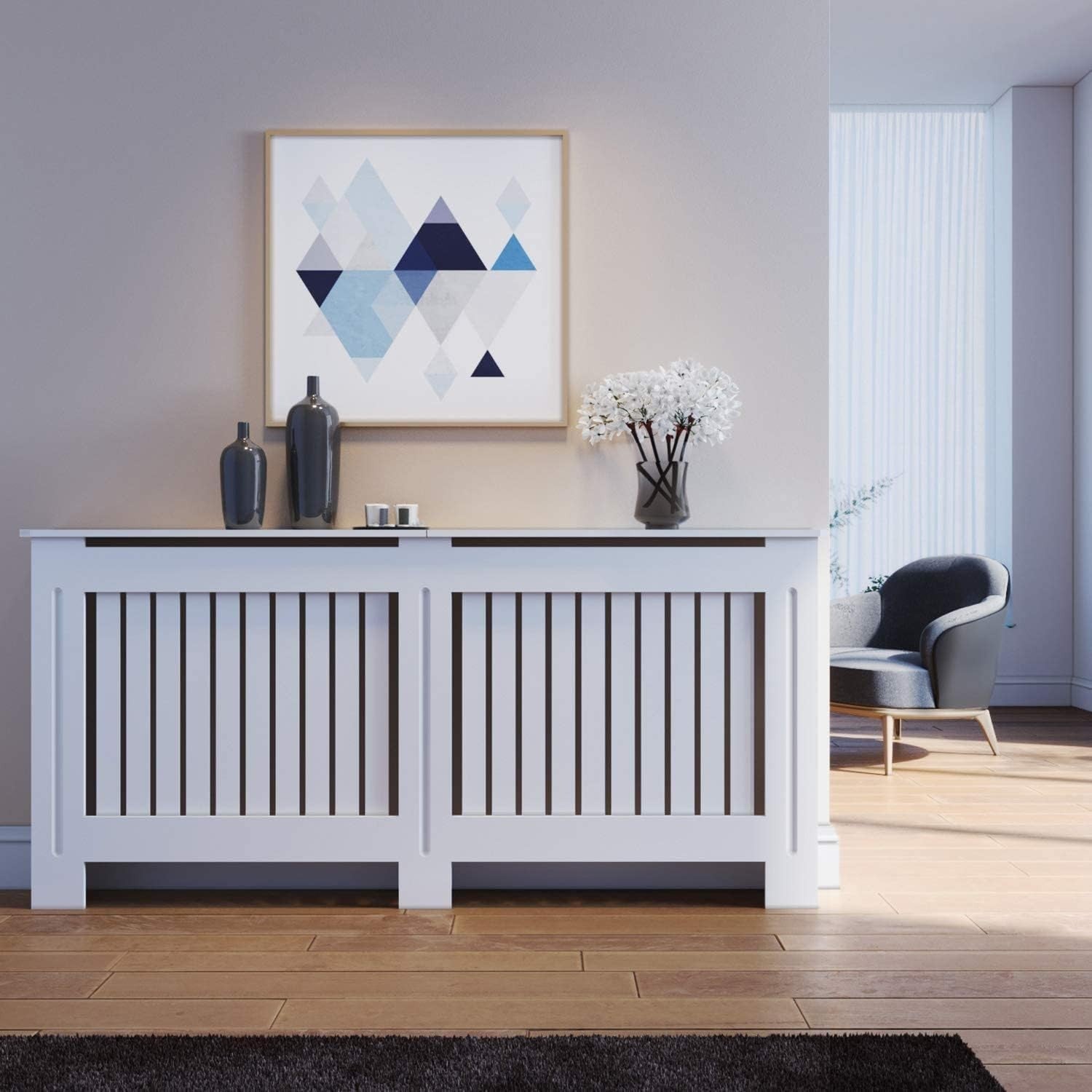 Extra Large Radiator Cover Cabinet White Slat MDF Modern Heater Shelf Home Decor
