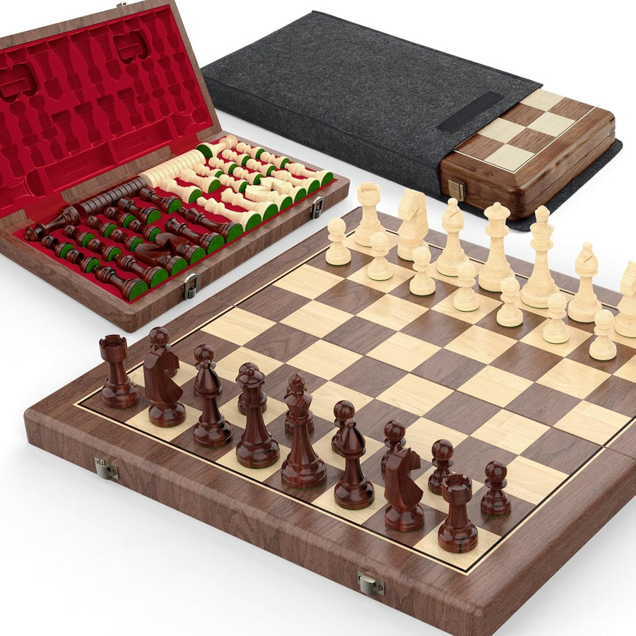 Walnut Magnetic 2-in-1 Chess & Checkers Set | 38cm Folding Wooden Board