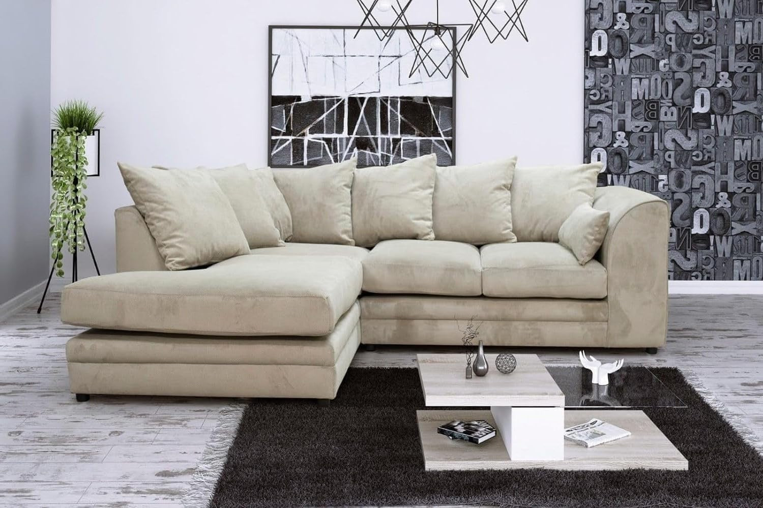 Cream L-Shaped 3+2 Seater Corner Sofa - Plush Fabric Modular Couch (Left Hand)