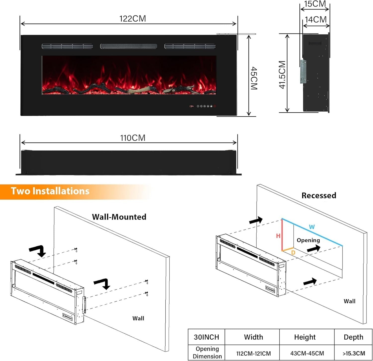 48" Wall Mounted Electric Fireplace Heater LED Fire & Timer Remote