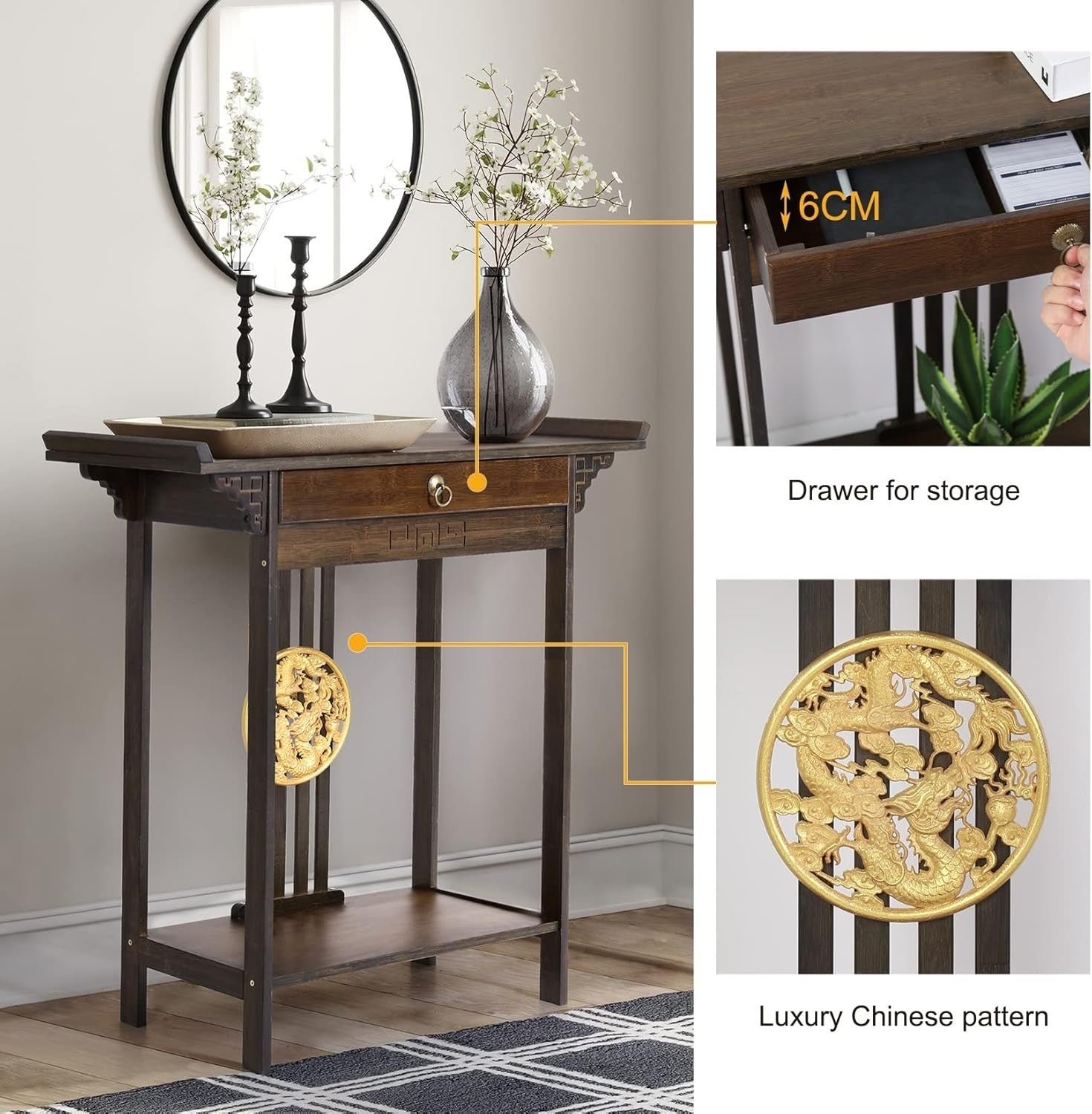 Narrow Rustic Bamboo Console Table 2 Tier Hallway Entryway Shelf 81.5x32x82cm