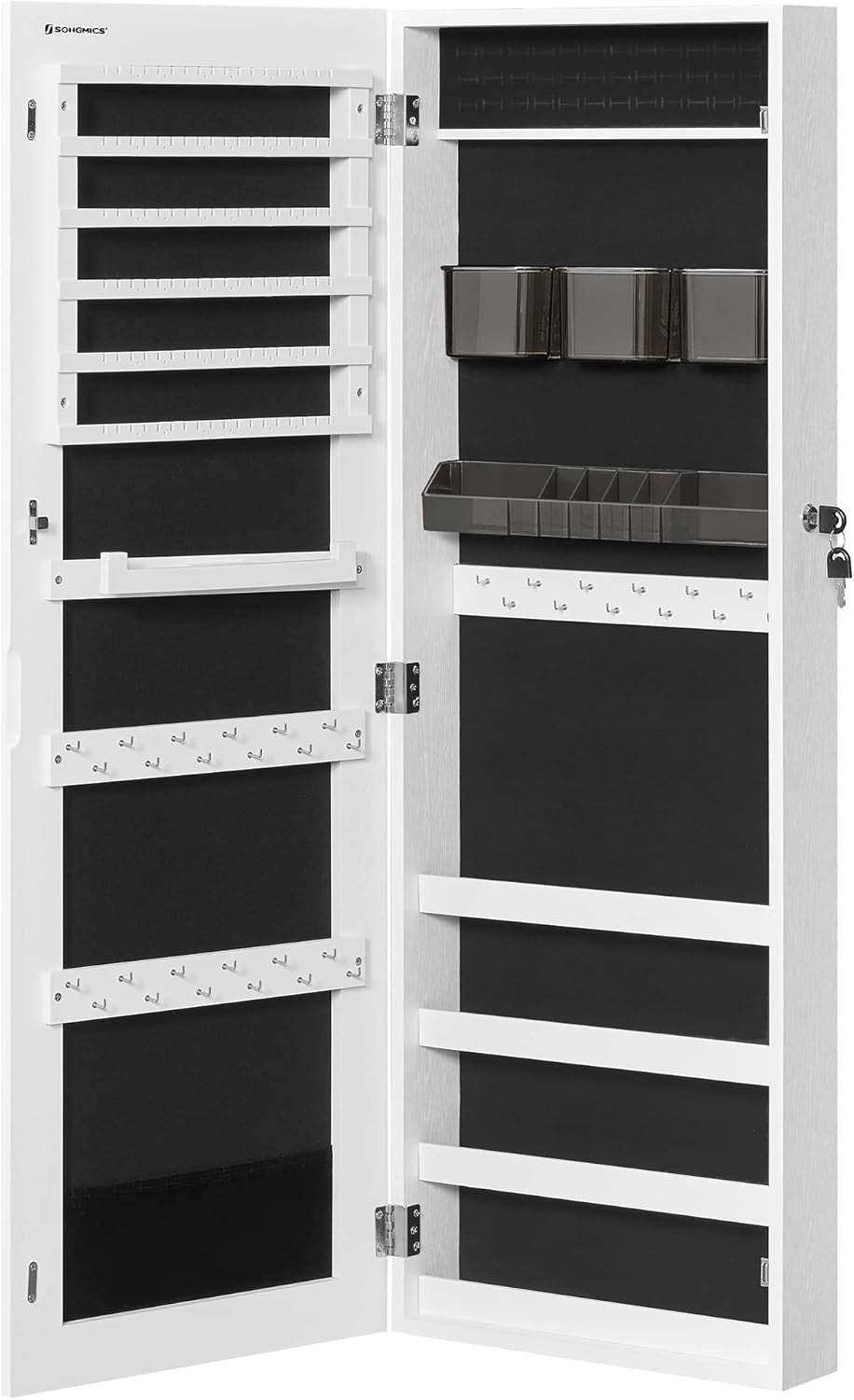 White Wall Mounted Jewelry Cabinet Mirror Lockable Hanging Storage