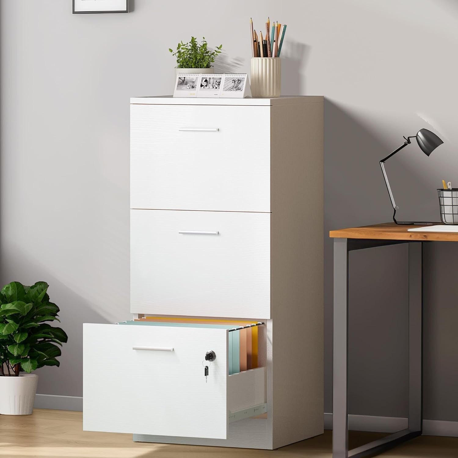 White 3-Drawer Lockable File Cabinet 40×40×101cm A4 Vertical Storage