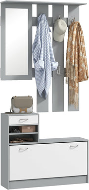 Dark Grey Hallway Furniture Set with Shoe Cabinet, Mirror & 6 Coat Hooks