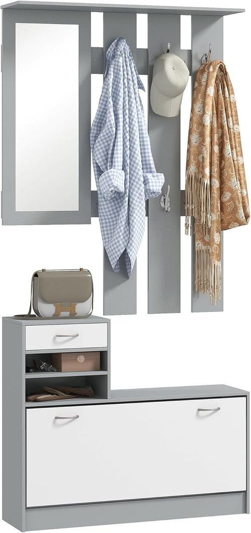 Dark Grey Hallway Furniture Set with Shoe Cabinet, Mirror & 6 Coat Hooks