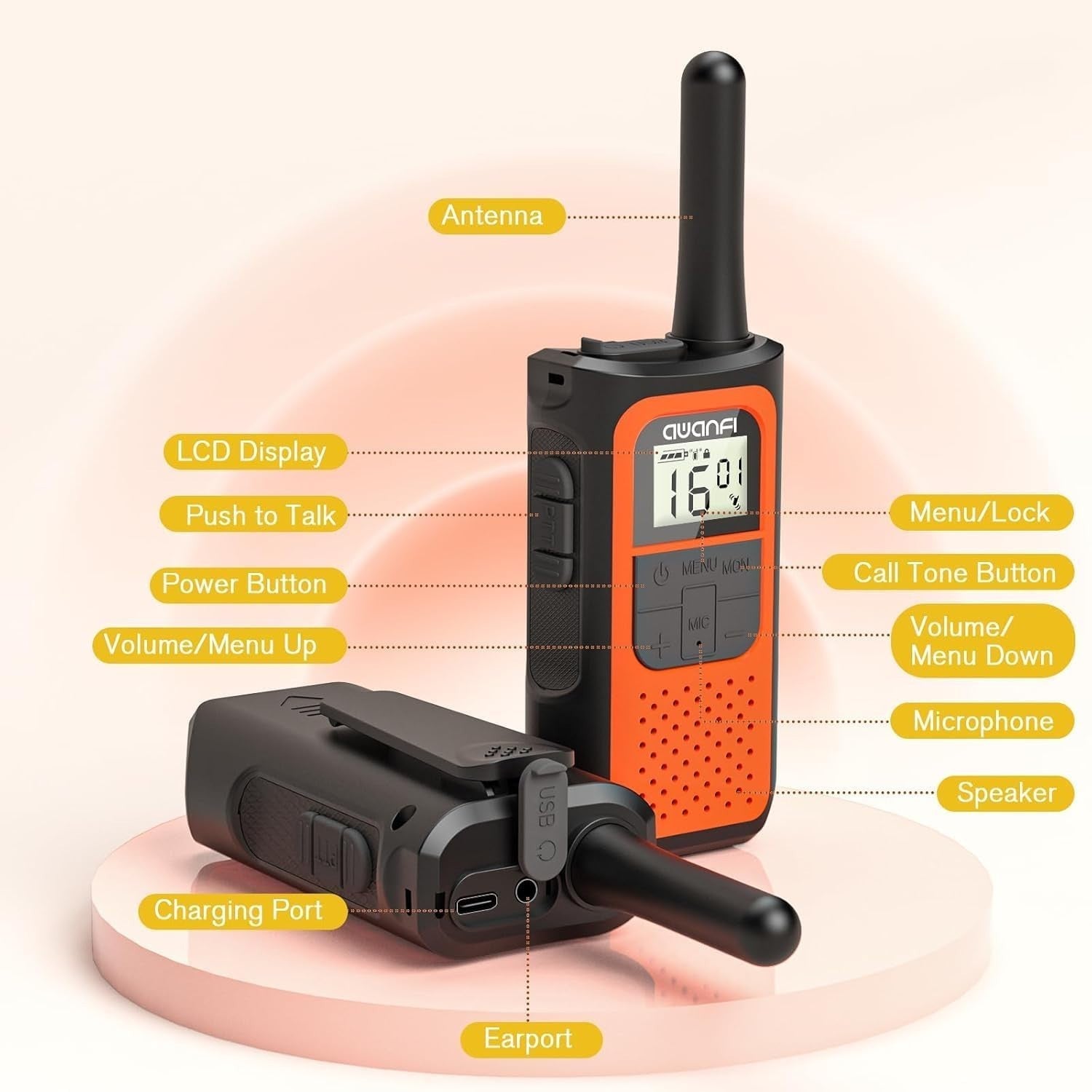 Rechargeable Walkie Talkies 2 Pack Long Range 16CH VOX USB-C Radio