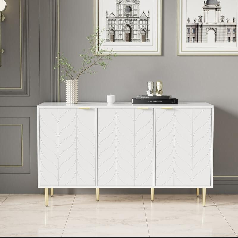 Modern White Storage Cabinet with Gold Legs – 4-Door Sideboard Unit 127cm
