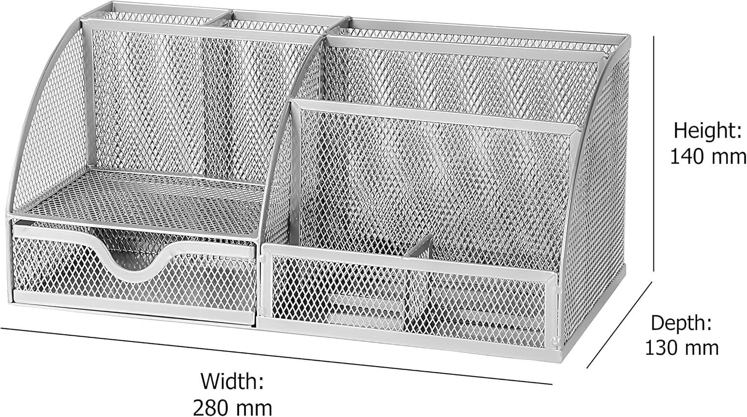 Metal Desk Organiser with 7 Compartments & Drawer – Silver 6-Pack