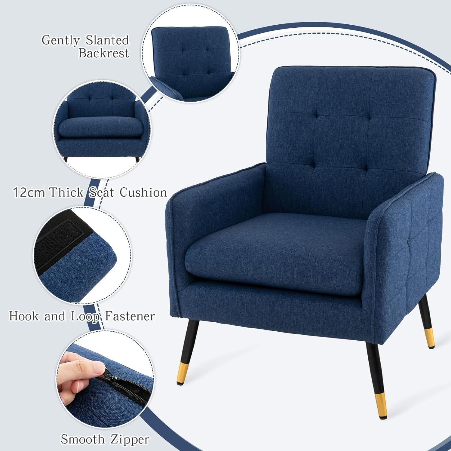 Comfy Blue Linen Accent Chair, Modern Tufted Sofa Chair with Metal Legs