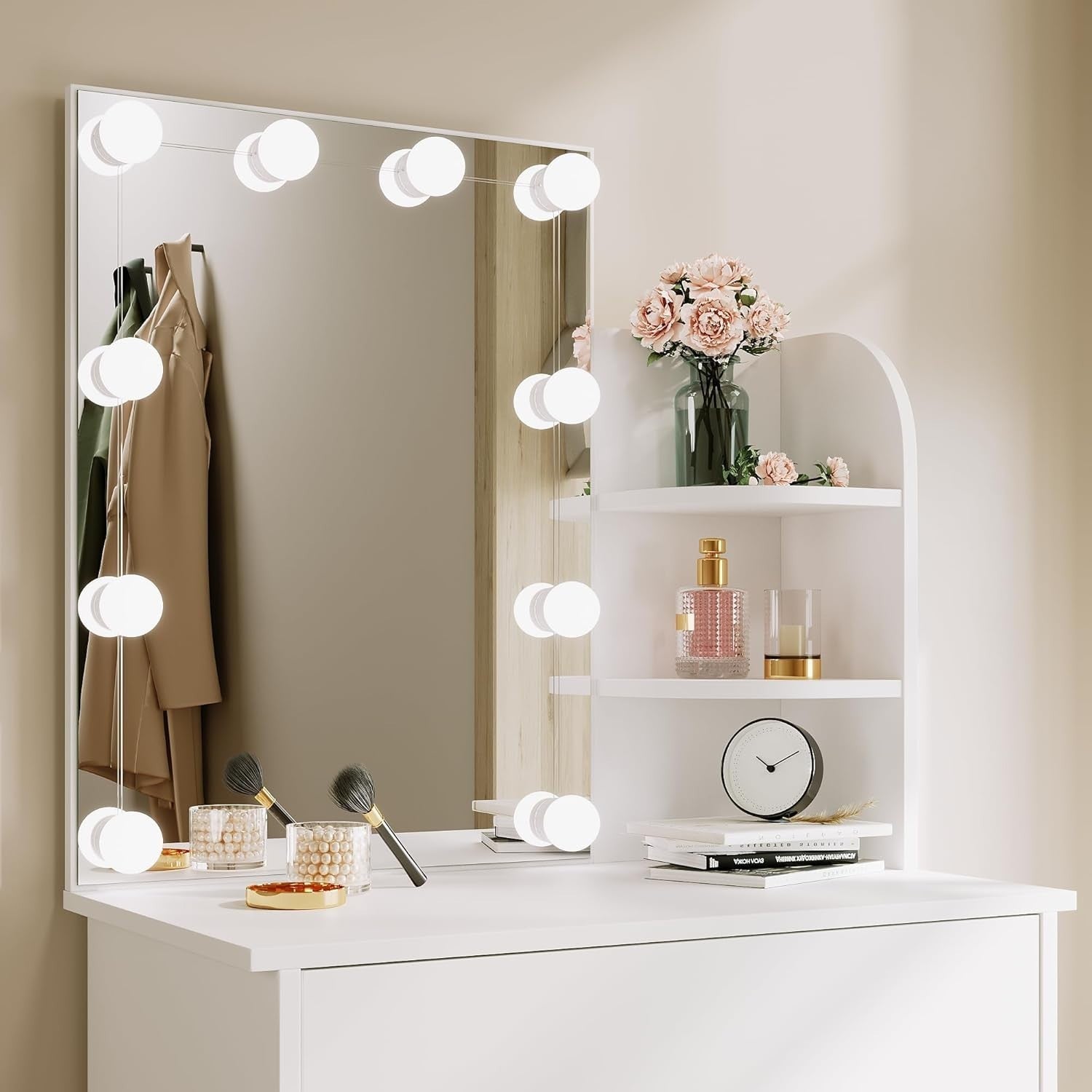 Hollywood Vanity Dressing Table Mirror Set Drawer Shelf Makeup Desk White