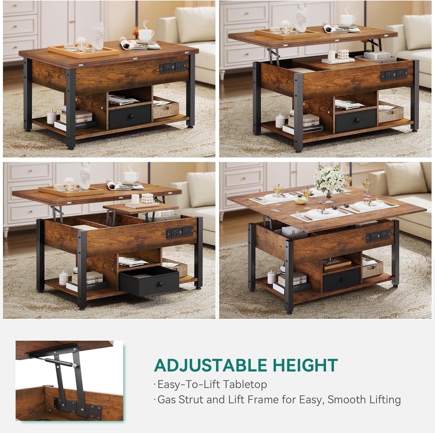 4-in-1 Lift Top Coffee Table with Storage, Charging Ports & RGB LED Lights