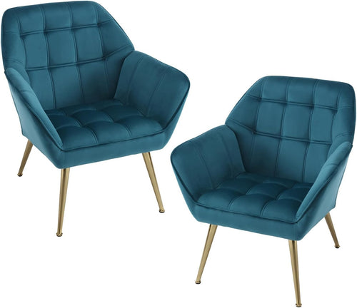 Velvet Accent Armchairs Set of 2 Lounge Tub Chairs Modern Blue Metal Legs