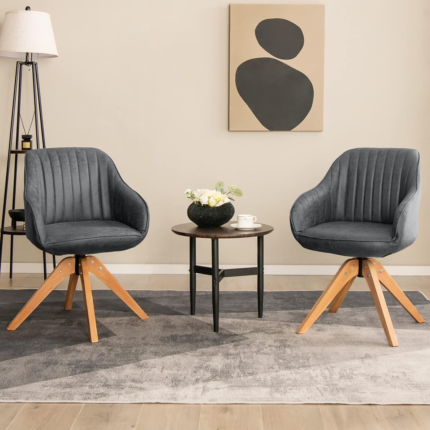 Set of 2 Grey Swivel Desk Chairs Tub Armchairs Wooden Legs