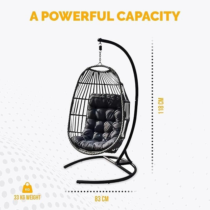Hanging Egg Chair with Stand Rattan Swing Seat Grey Cushion Indoor Outdoor