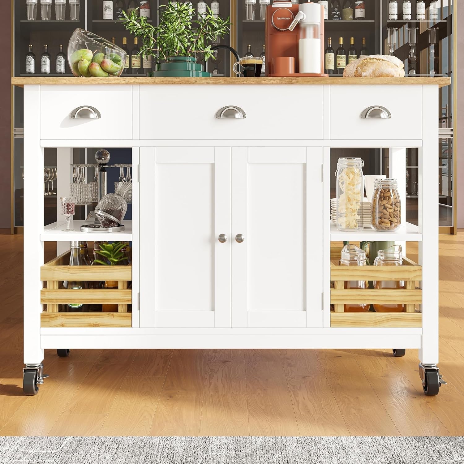 Large Kitchen Island Cart with Drawers, Folding Side Table & Storage