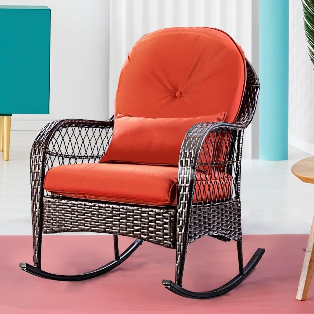Red Rattan Rocking Chair Cushioned Patio Garden Porch Outdoor Relax Armchair
