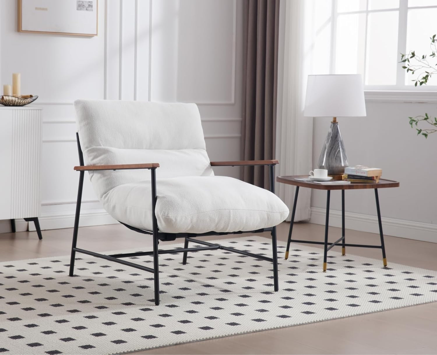 Modern White Faux Fur Accent Chair Lounge Armchair Metal Frame Seat