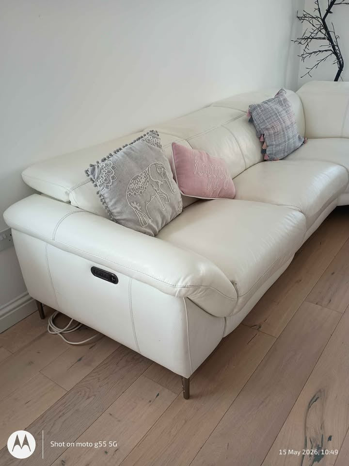 Ivory White Leather Corner Sofa Recliner (PTP)