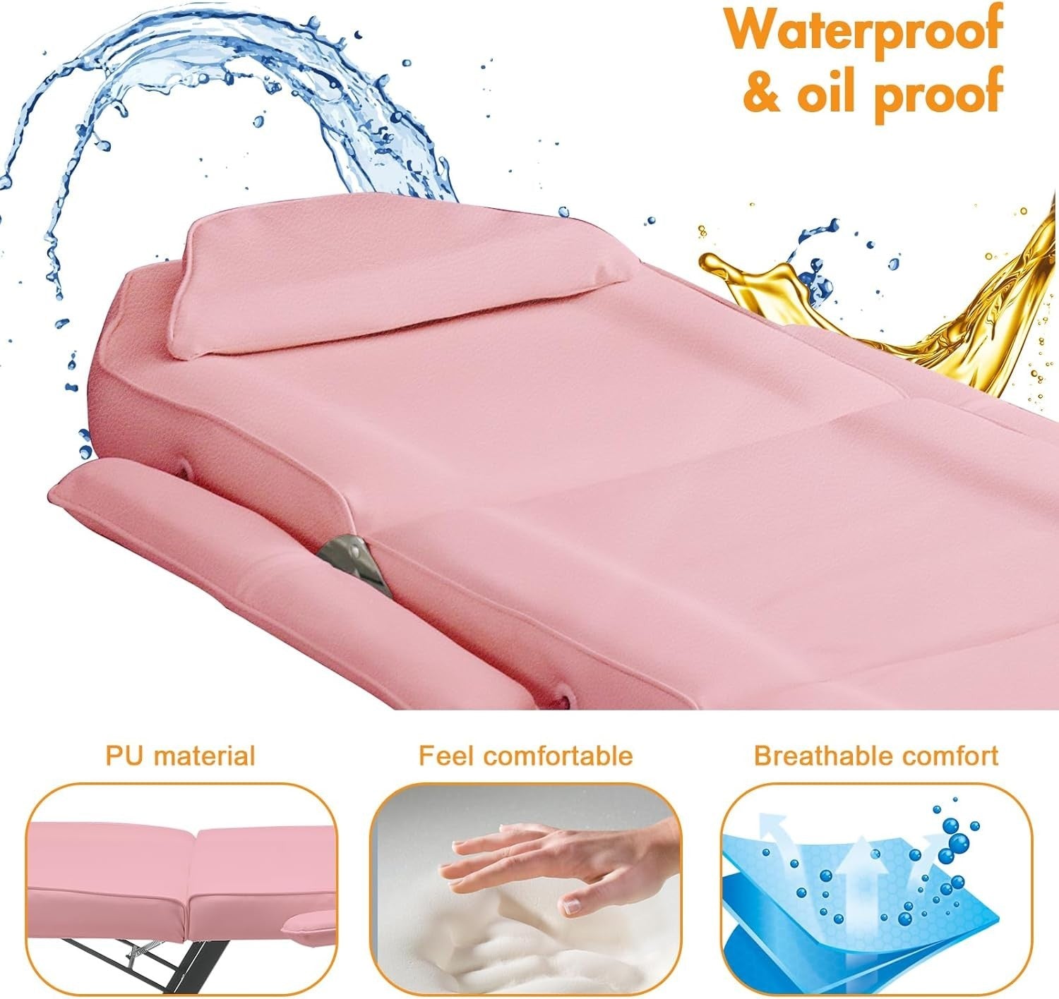 Adjustable 3-Section Massage Bed w/ Armrests & Hydraulic Stool Pink Heavy-Duty