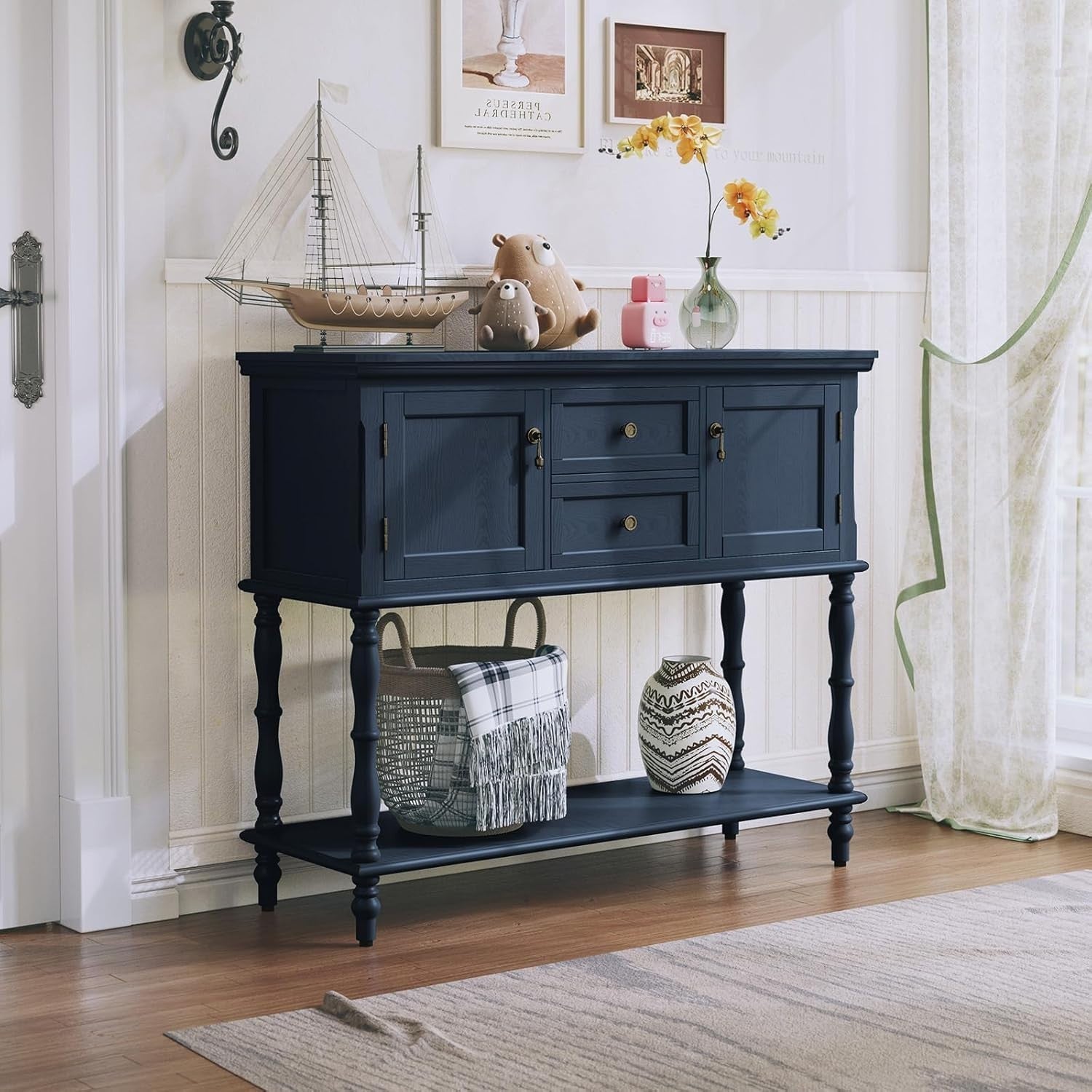 Retro Navy Blue Console Table with Storage Drawers & Shelf for Hallway