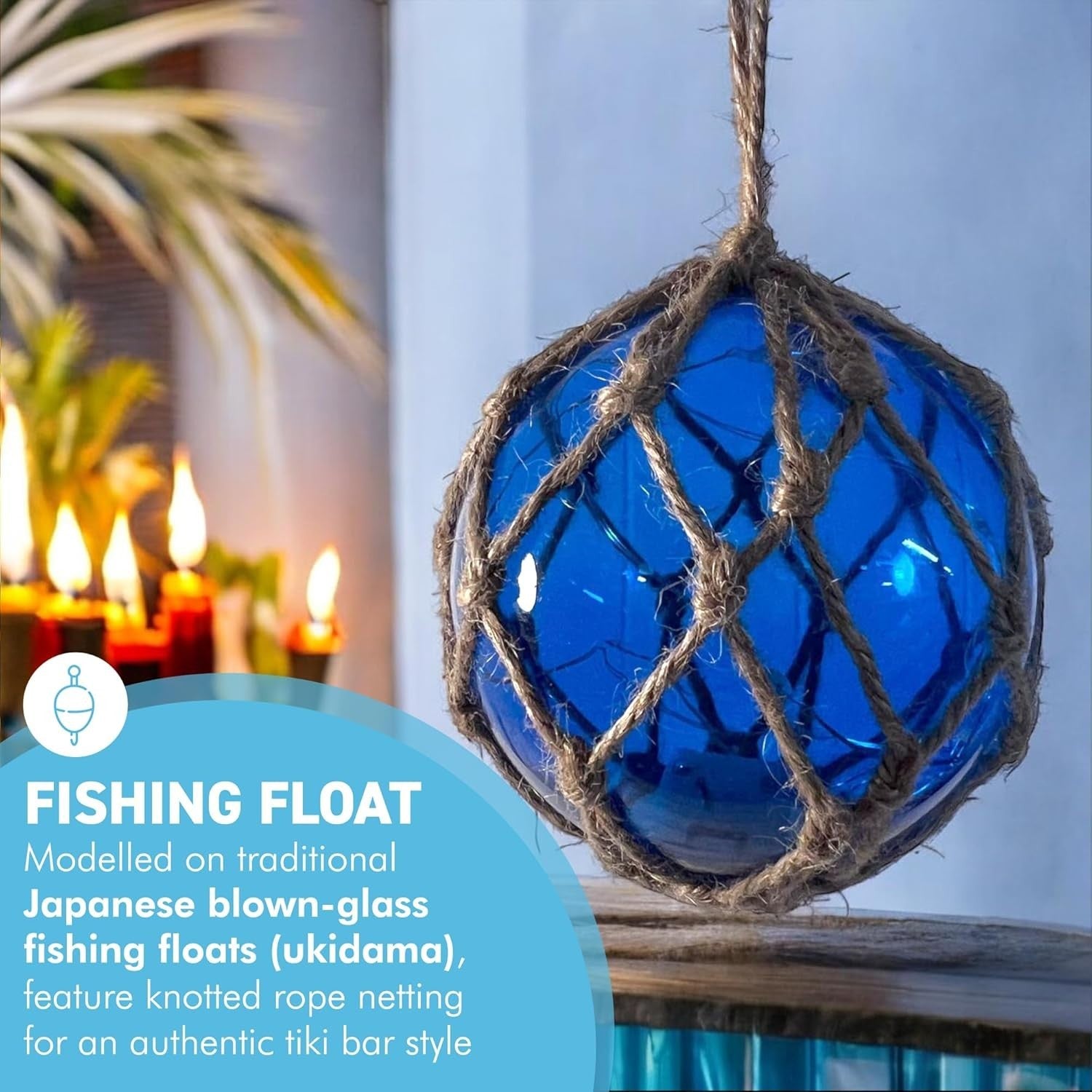 Blue Glass Fishing Buoy Light LED Nautical Hanging Decor Coastal Tiki Bar Lamp