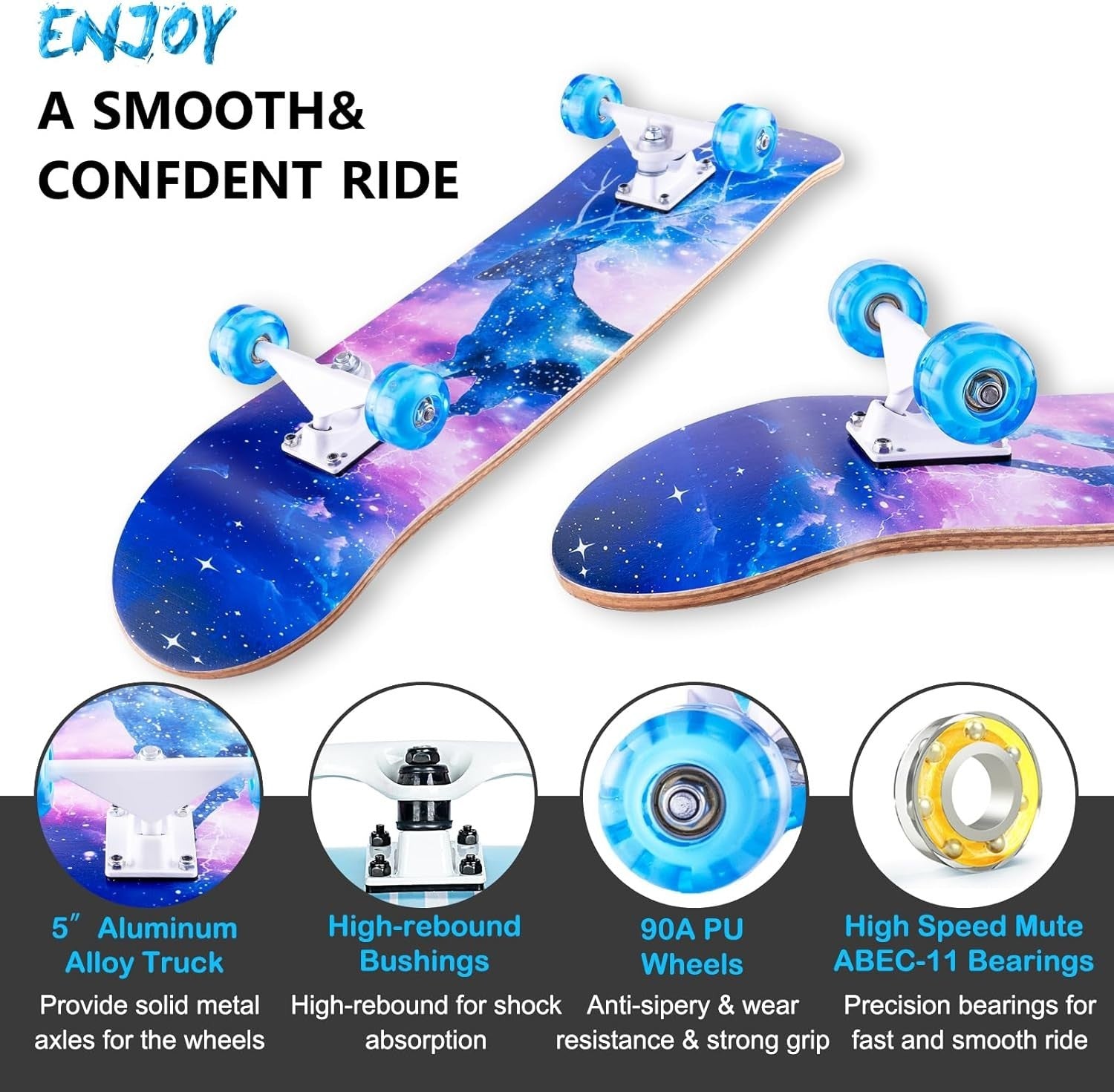 31in Complete Skateboard 8 Layer Maple Trick Deck Teens & Adults Blue
