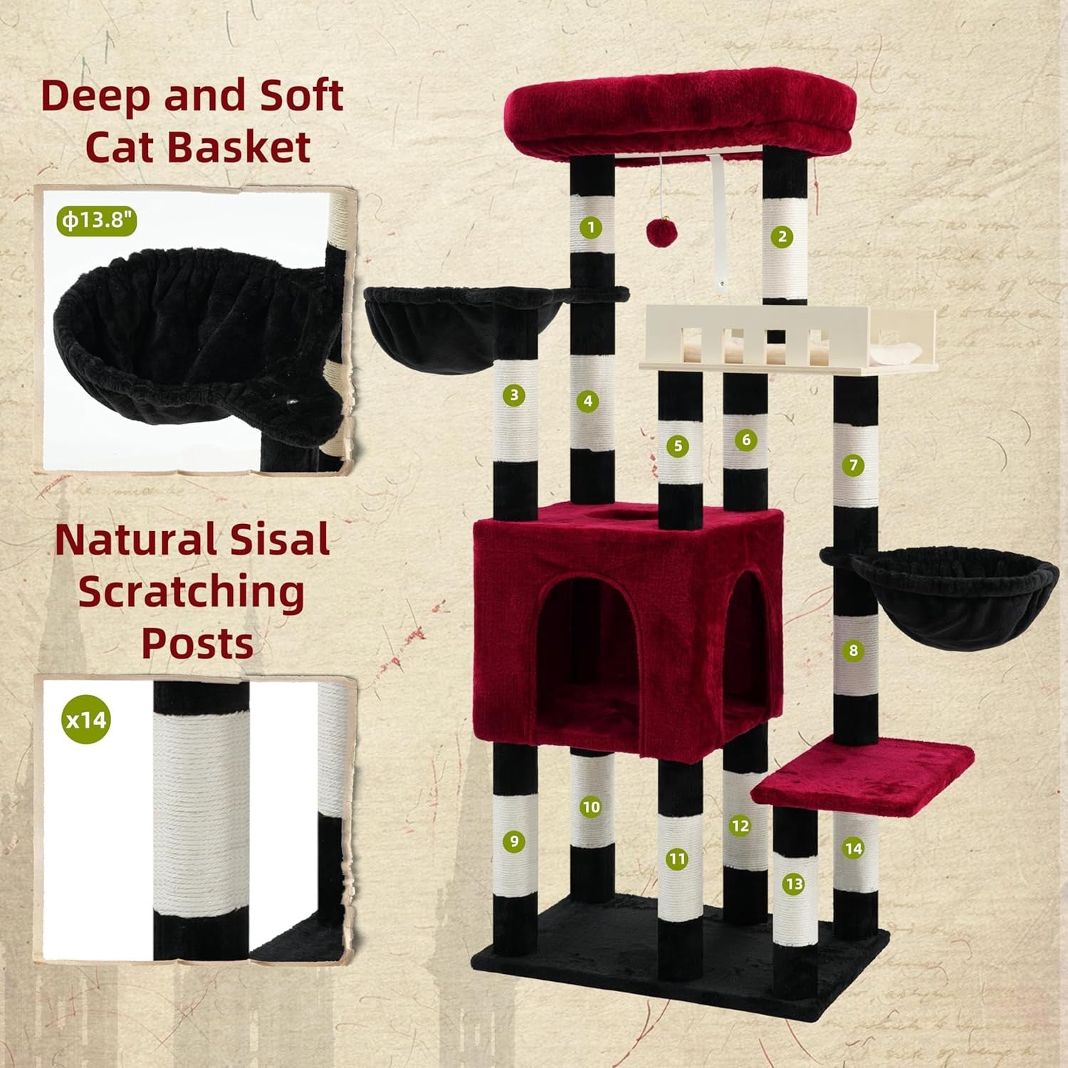 Heavy Duty Cat Tree Tower Large Cats Condo Hammock 14 Scratching Posts