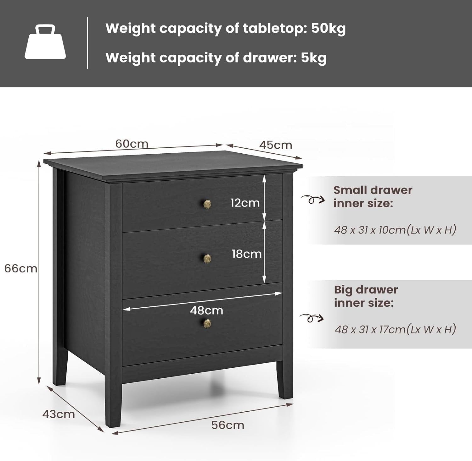Black Wooden 3 Drawer Bedside Table | Modern Storage Cabinet