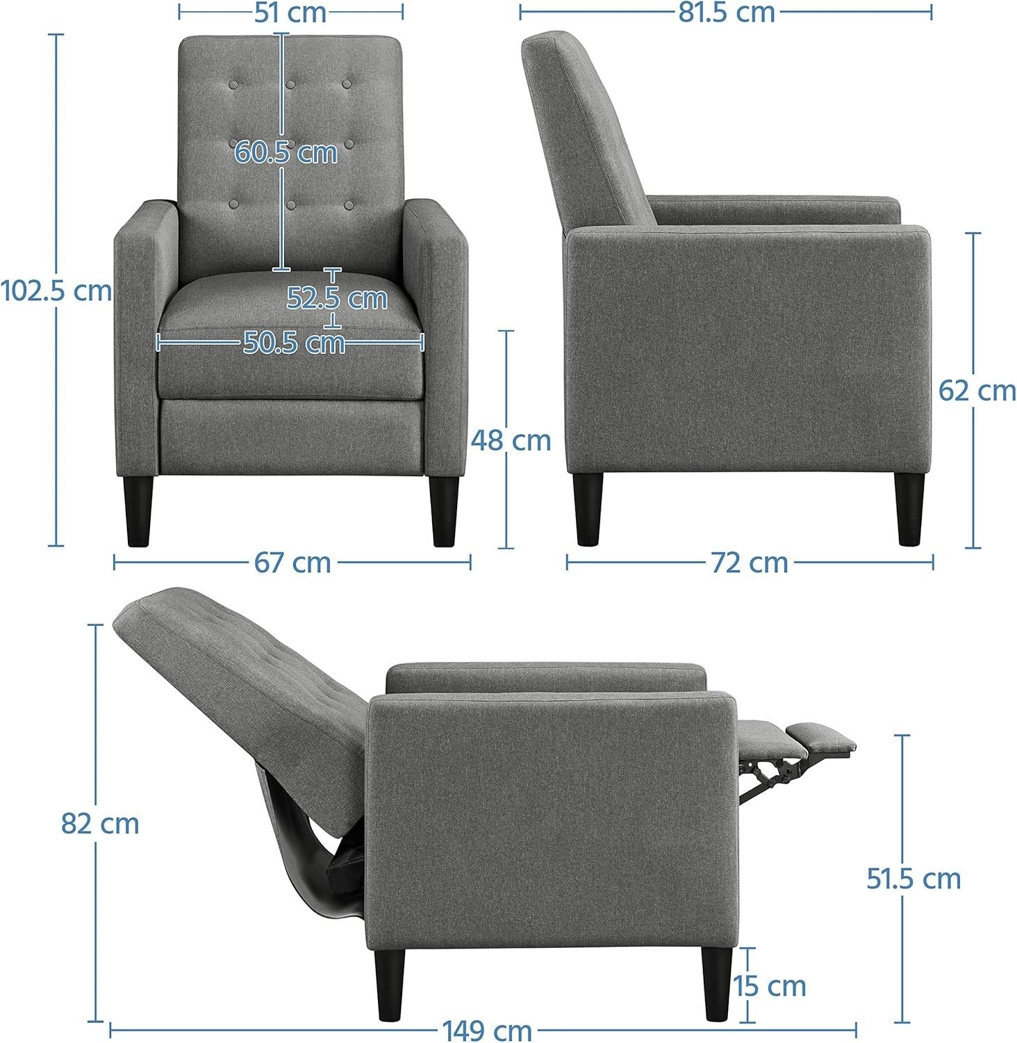 Grey Recliner Chair Sofa Adjustable Footrest Padded Seat Living Room