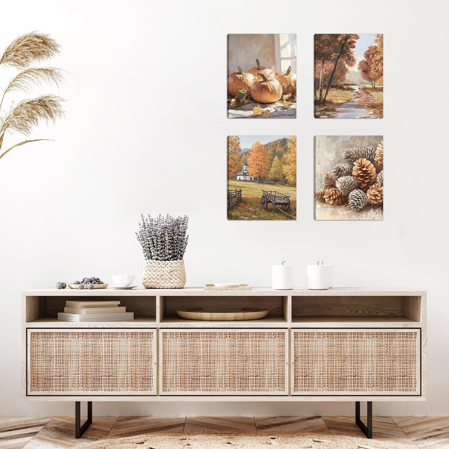 Autumn Landscape Framed Canvas Wall Art Set of 6 Rustic 20x25cm