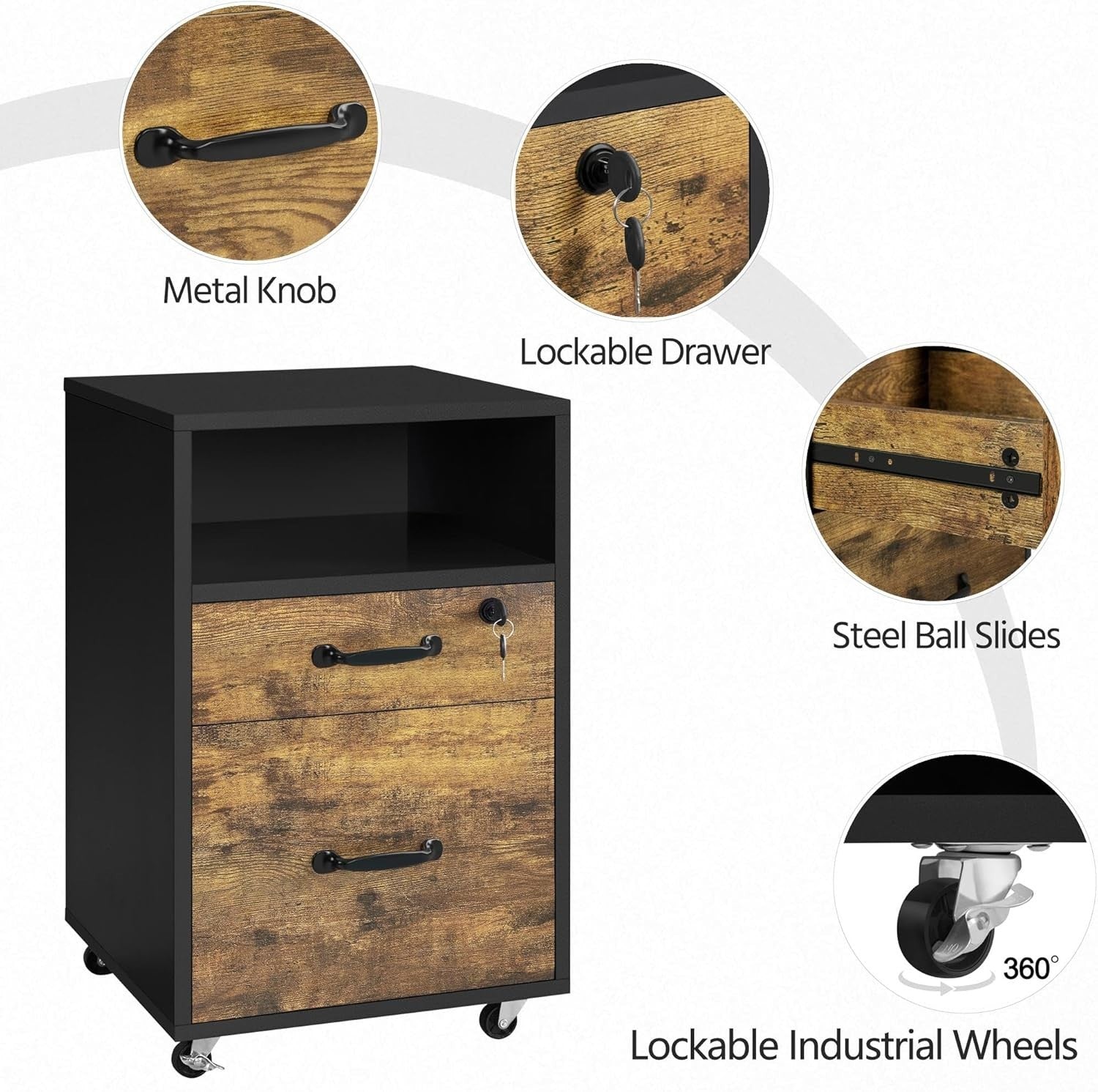 2pc Rustic Brown Rolling File Cabinets A4 Letter Drawers Printer Stand
