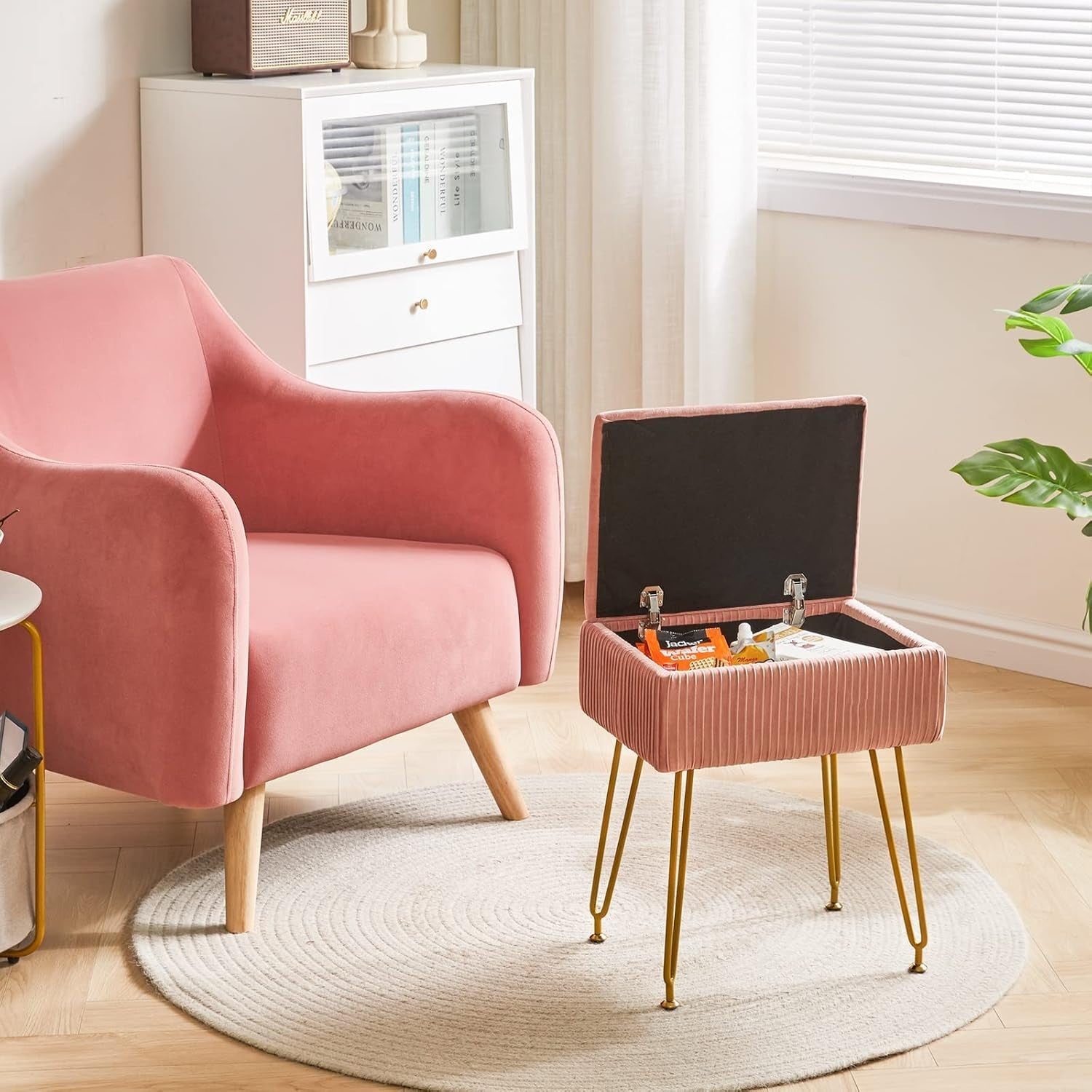 Pink Velvet Storage Ottoman Stool Square Bench Dressing Table Seat