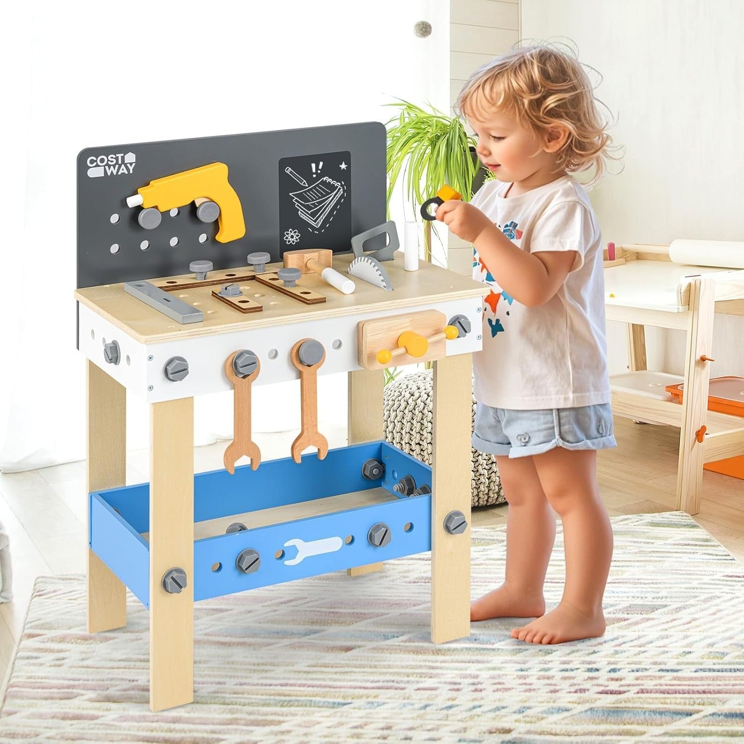 Wooden Kids Workbench Tool Bench w/ Pegboard Chalkboard Storage 51x28x72